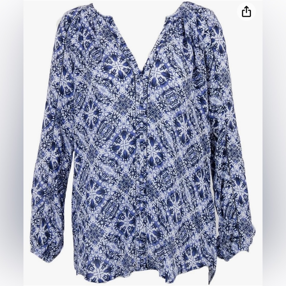 Lucky Brand Women’s Batik Mosaic Peasant Top Blue/Multi XS Tunic